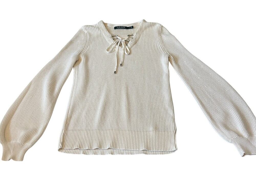 Ralph Lauren Women's Valyna Sweater V Neck Size M Ivory Long Sleeve Pullover